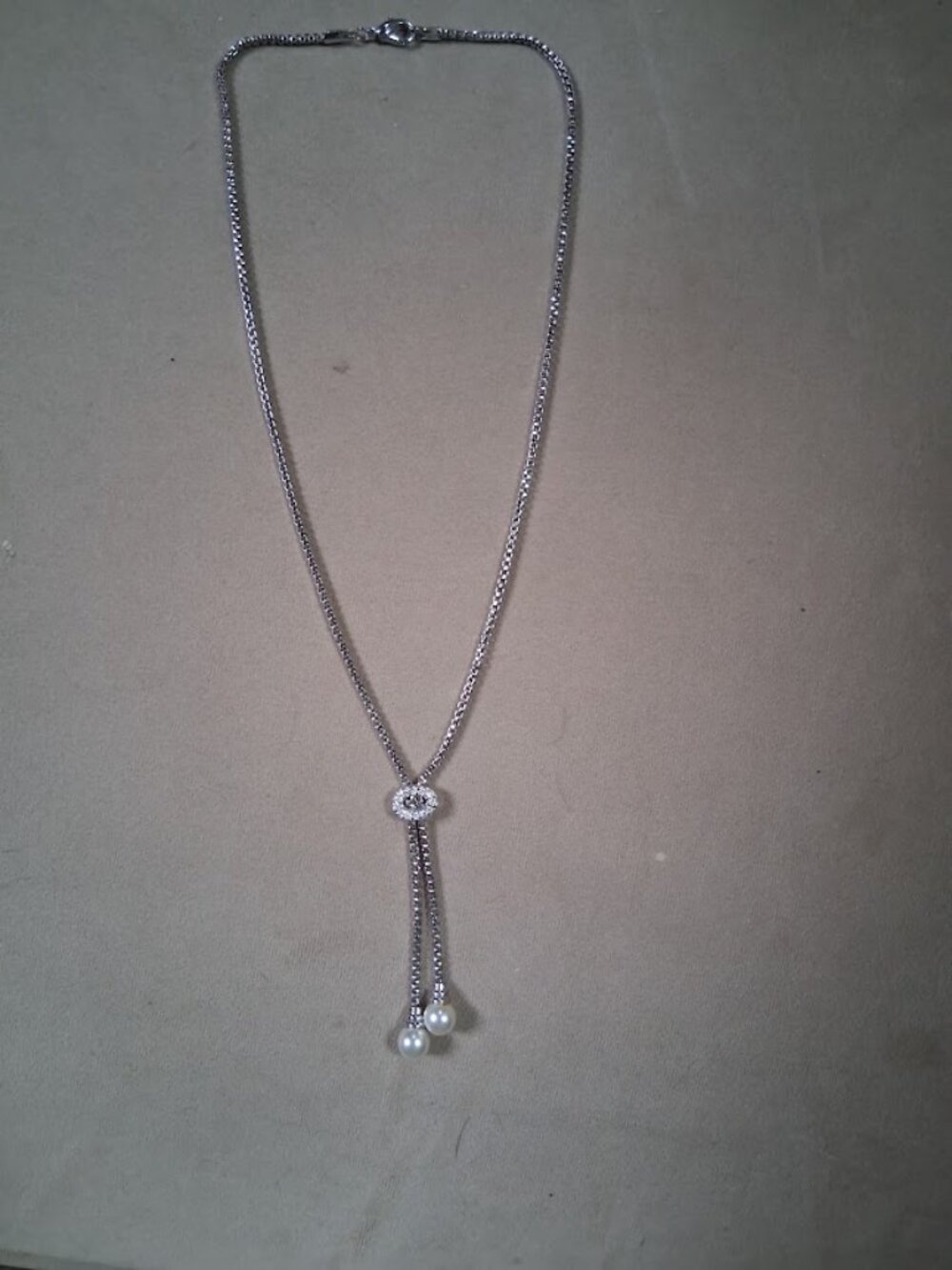Silvertone Rhinestone Pearl Y Drop Necklace